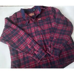 Orvis Mens XXL Flannel Shirt Burgundy Navy Blue Plaid Cotton Button Down